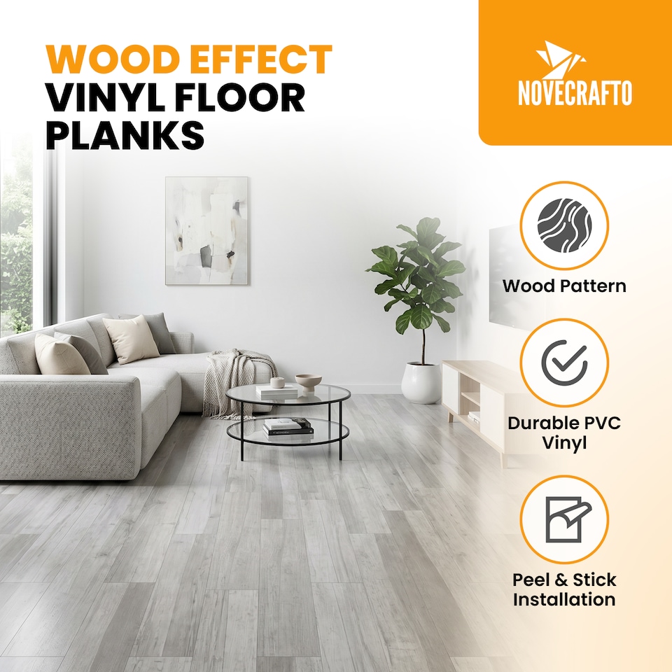 image 1 of NOVECRAFTO Self Adhesive Vinyl Floor Plank – Peel & Stick 36x5.98 in – Light Grey Ash Breeze – Wood Effect – Waterproof DIY Flooring – Easy to Install | Grey | 5 sqm
