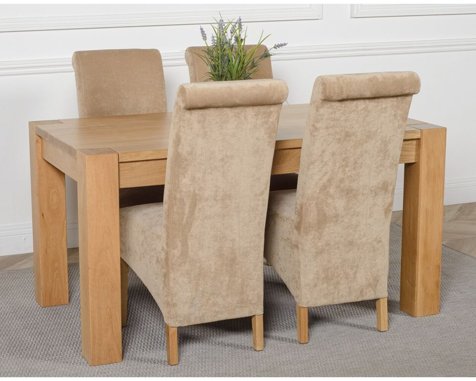 image 1 of Kuba 150 x 85 cm Chunky Medium Oak Dining Table and 4 Montana Fabric Chairs | Brown | Beige