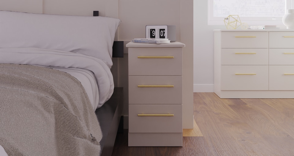 image 1 of Helmsley 3 Drawer Bedside Cabinet in Kashmir Matt (Ready Assembled) | Cream | Kashmir Matt