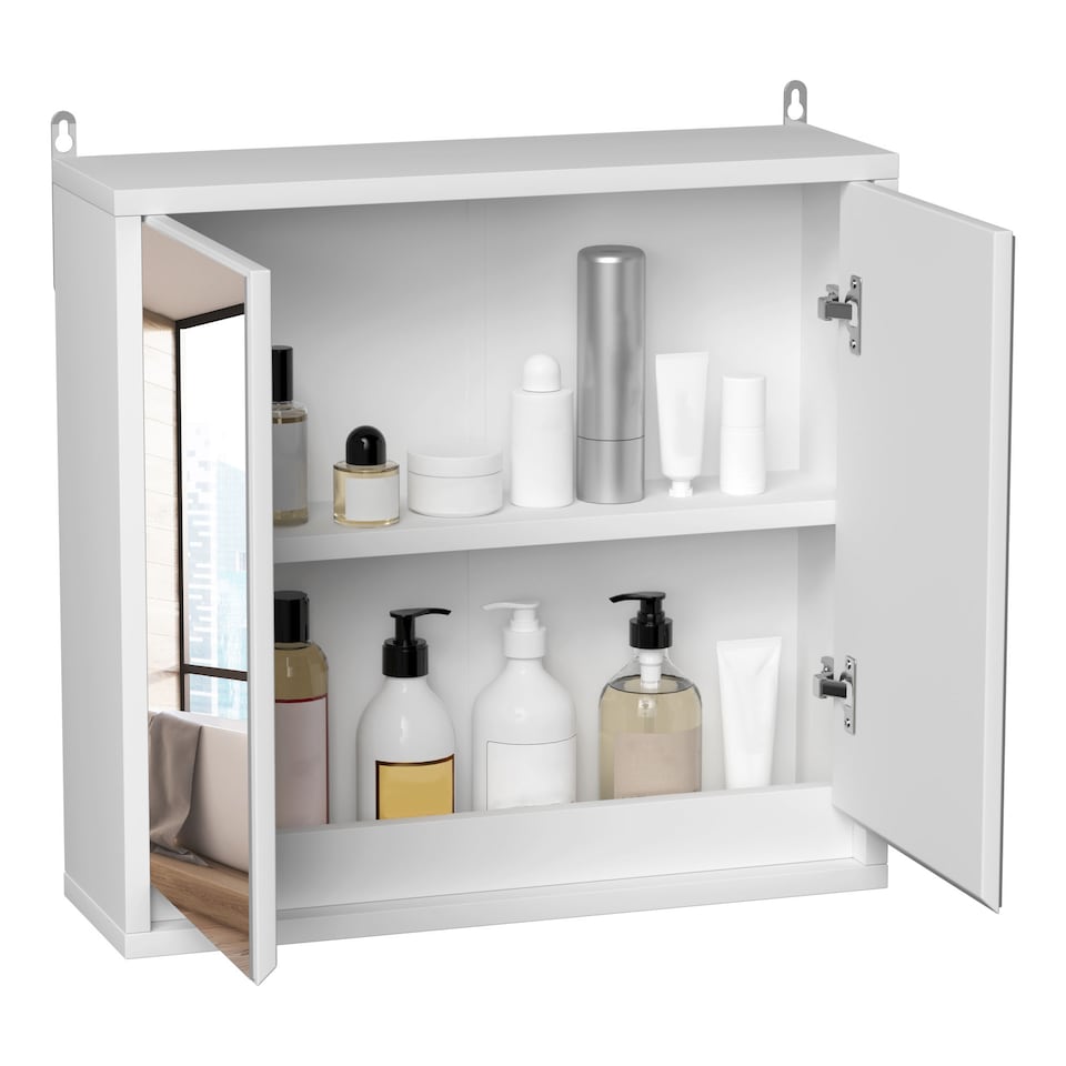 image 1 of HOMCOM Bathroom Mirror Cabinet Wall Mounted Storage Shelf Bathroom Cupboard Double Door, White