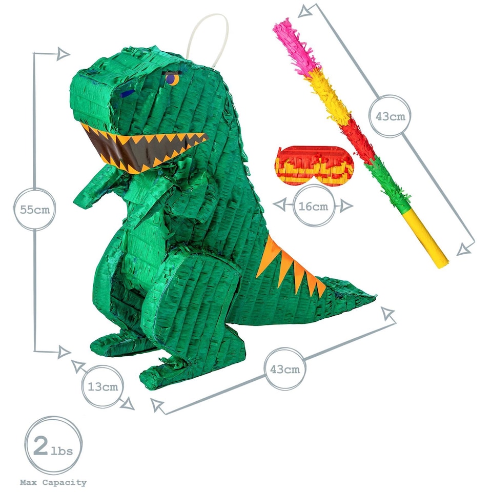 image 1 of Pinatas Dinosaur Cardboard Pinata, Stick and Blindfold Set - W43cm x D13cm x H55cm - Green
