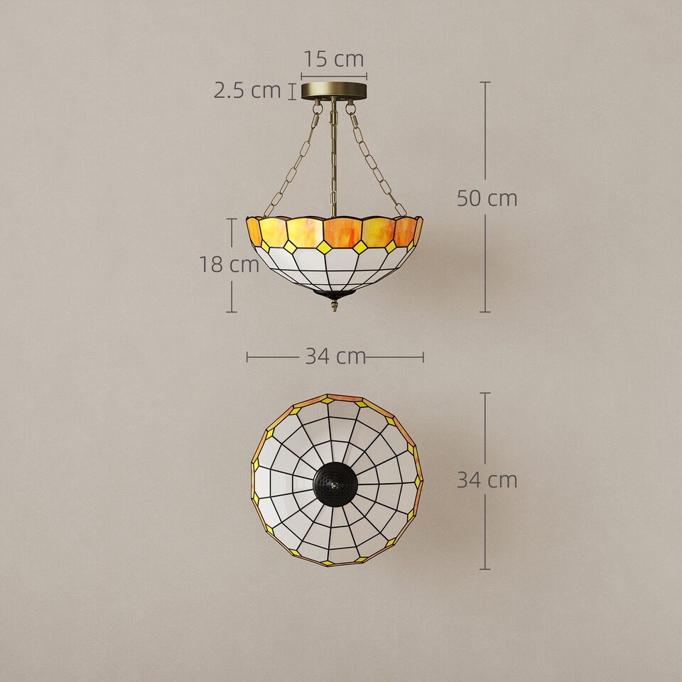 image 1 of HOMCOM Tiffany Style Ceiling Light, Vintage Chandelier with 3 E27 Sockets | Orange