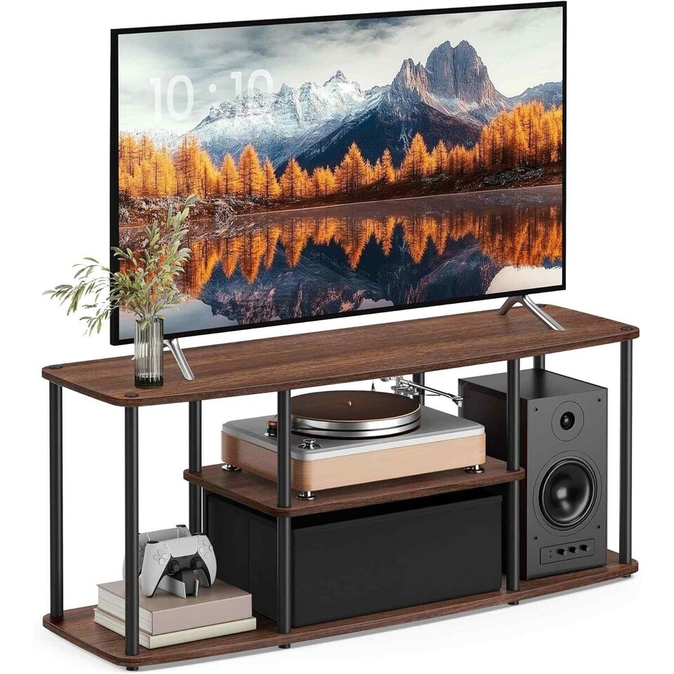 image 1 of TV Stand with Shelves, Entertainment Unit for Living Room and Bedroom, Tool-Free Assembly, Natural Walnut and Ink Black