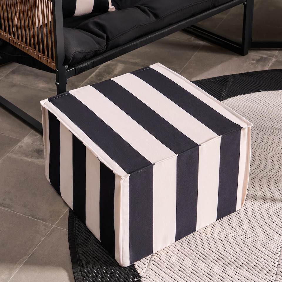 image 1 of OHS Stripe Print Garden Pouffe Outdoor Stool Footrest Table Side Chair | Multi | Black/Cream