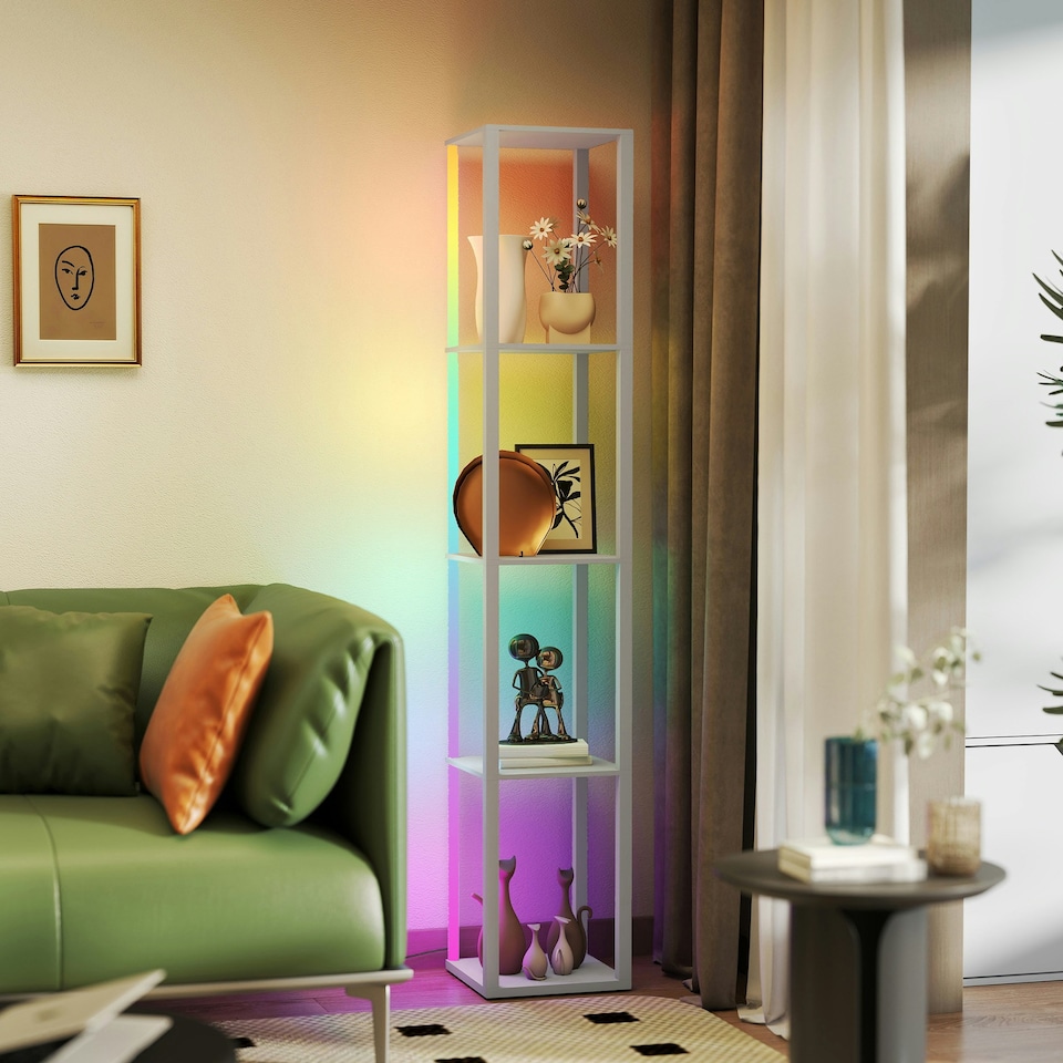 image 1 of HOMCOM RGB LED Floor Lamp with Shelves and Remote Control for Bedroom, Grey Grey