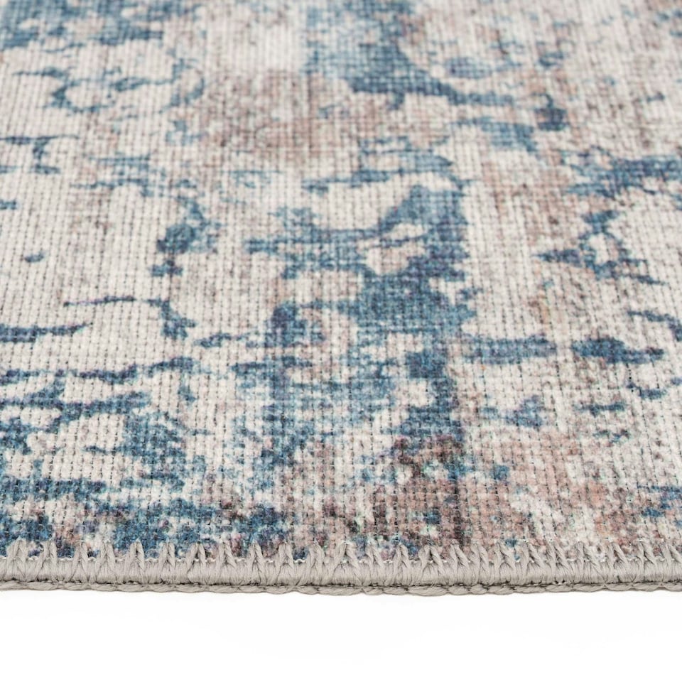 image 1 of KUKOON Blue Grey Distressed Abstract Non Slip Washable Low Pile Rug 60cm x 110cm Blue