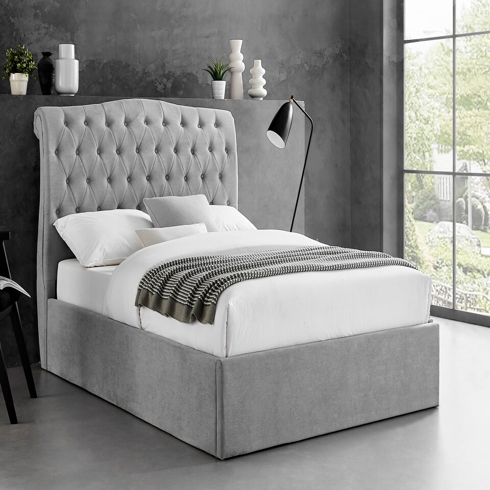 image 1 of 5ft King Size Ottoman gas liftup storage bed frame,fabric upholstered, light grey,buttoned back,curved bed frame,bedstead
