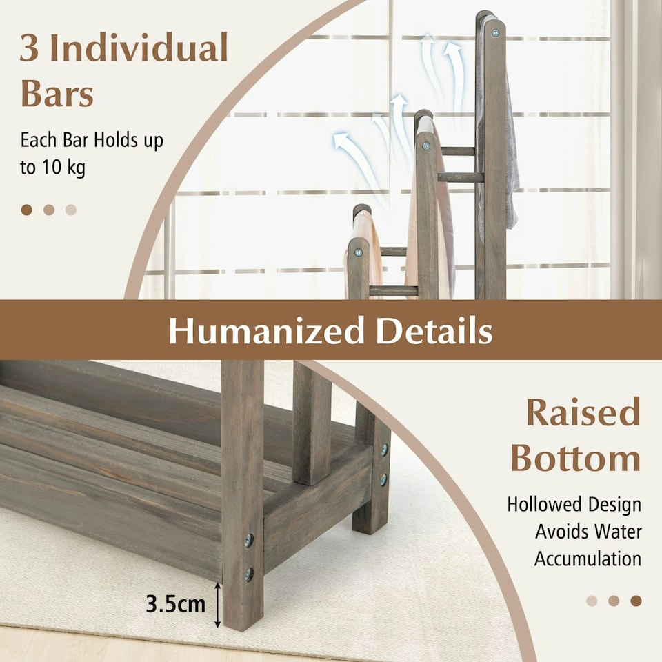 image 1 of COSTWAY 3-Tier Wooden Towel Rack 3 Bars Towel Shelf Grey