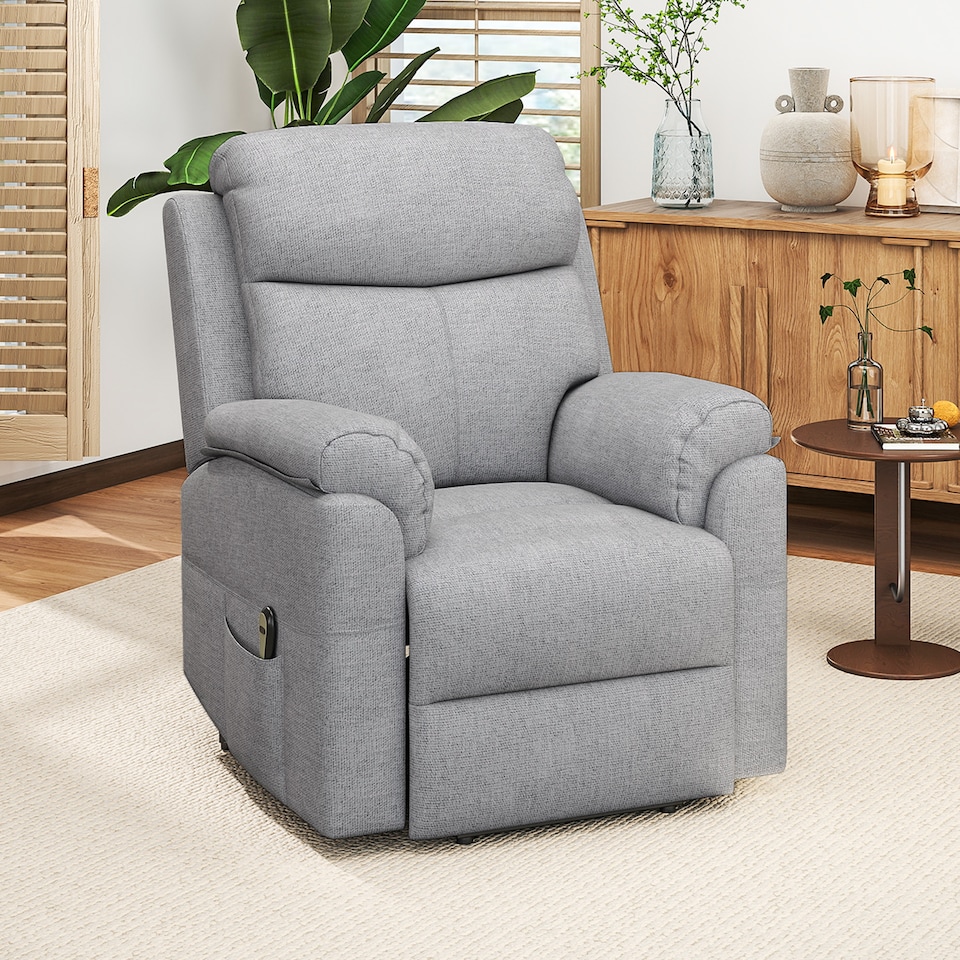 image 1 of HOMCOM Power Lift Recliner Chair with 8 Point Massage, Electric Lift Chair for Elderly, Overstuffed Linen Fabric Riser and Reclining Armchair with Remote Control, Side Pockets, for Living Room, Grey