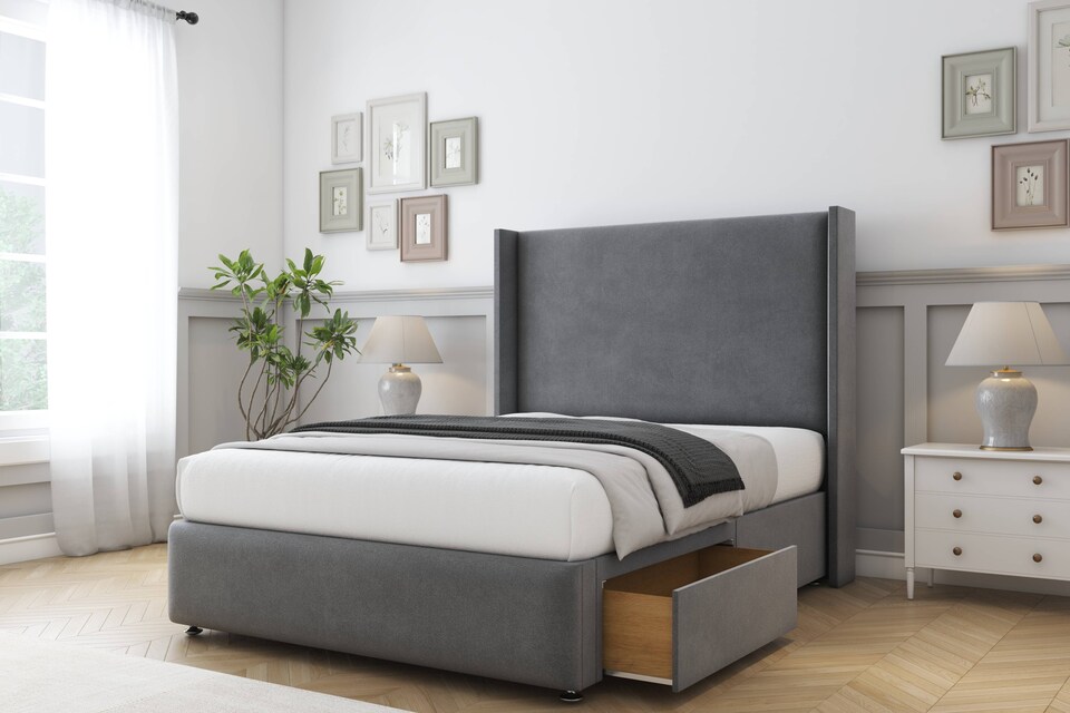 image 1 of Sloomy Stratford Armour Coniston Divan Bed With Mattress 2 Drawers Footend With 54" Wingback Headboard & 12" Matching Footboard 6' Super King | Grey | Armour | Super King | 1