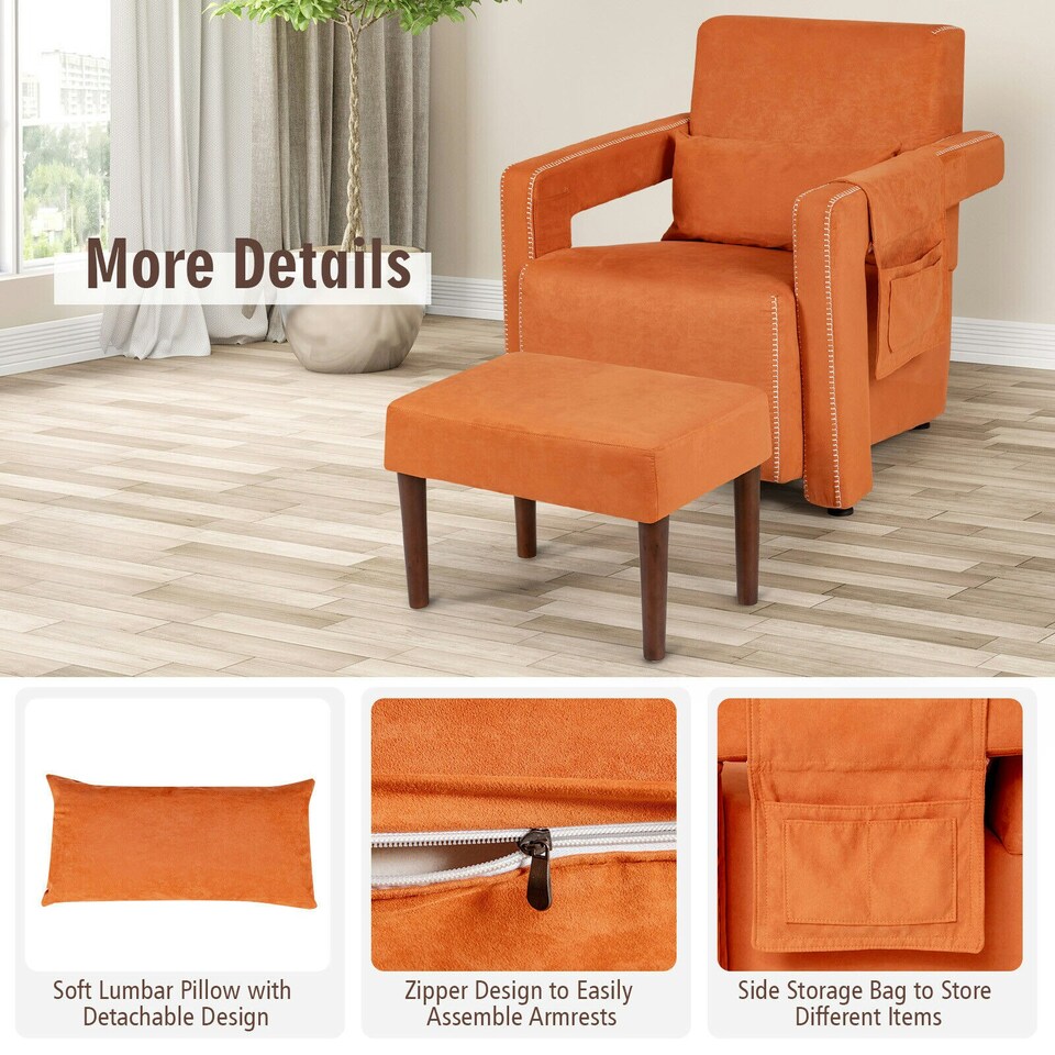 image 1 of COSTWAY Modern Accent Sofa Chair with Ottoman Upholstered Orange Orange