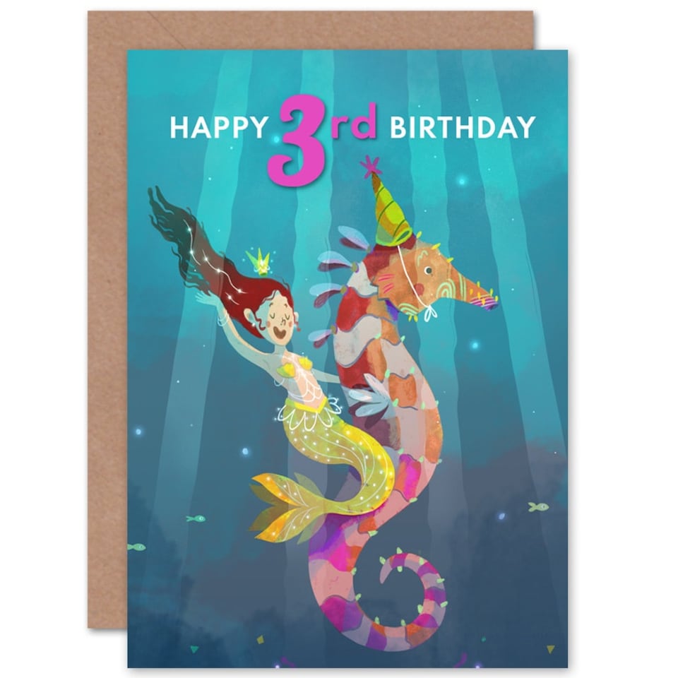 image 1 of Mermaid Seahorse Sea Age 3 Years Old Child Kids 3rd Birthday Card