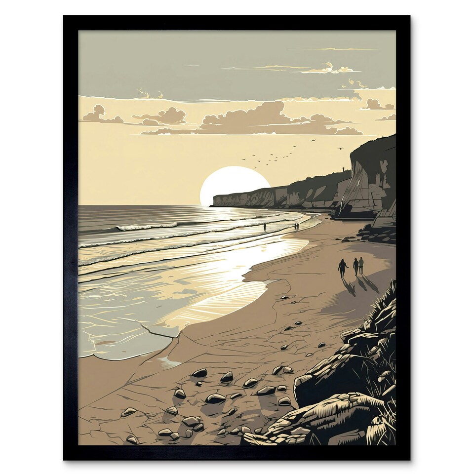 image 1 of Sunrise Walk on Filey Beach Coastal Home Decor 12x16" Framed Wall Art Print