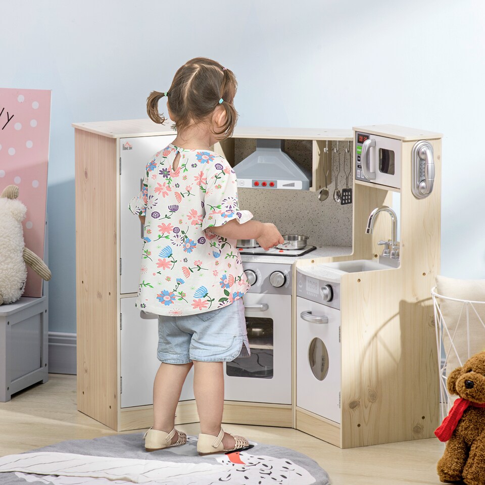 image 1 of HOMCOM Kids Kitchen Playset Pretend Toy Kitchen with Role Play Accessories, Sound and Light Effects, Phone, Storage Space
