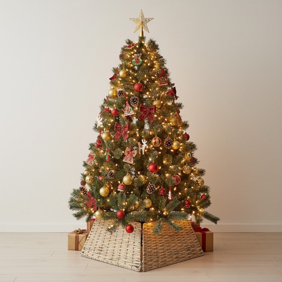 image 1 of 47cm Square Christmas Tree Skirt Stand Decorative Base Festive Xmas PVC Rope | Multi | Natural | 1