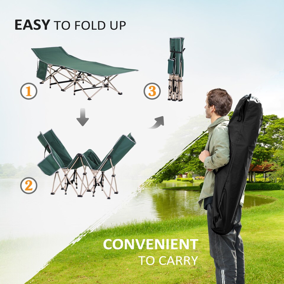 image 1 of Outsunny Single Person Camping Bed Folding Cot Outdoor Patio Portable Military Sleeping Bed Travel Guest Leisure Fishing with Side Pocket and Carry Bag - Green