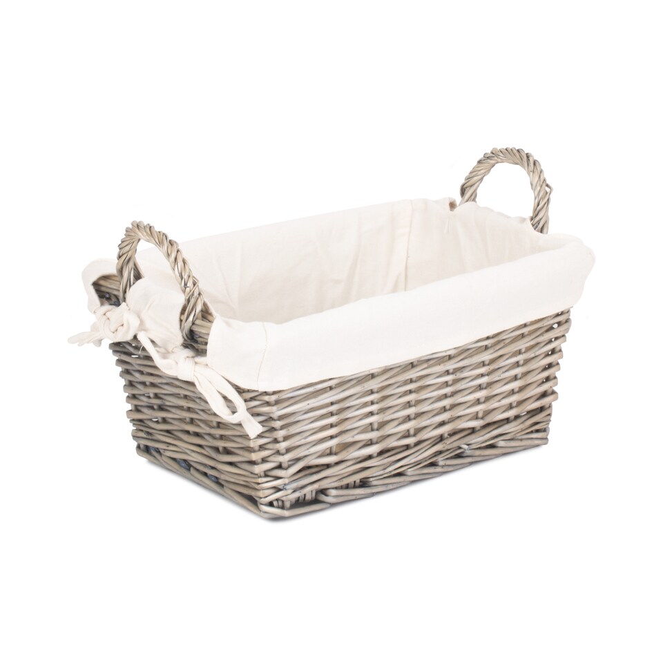 image 1 of Medium Antique Wash Handled Lined Storage Basket | White | White