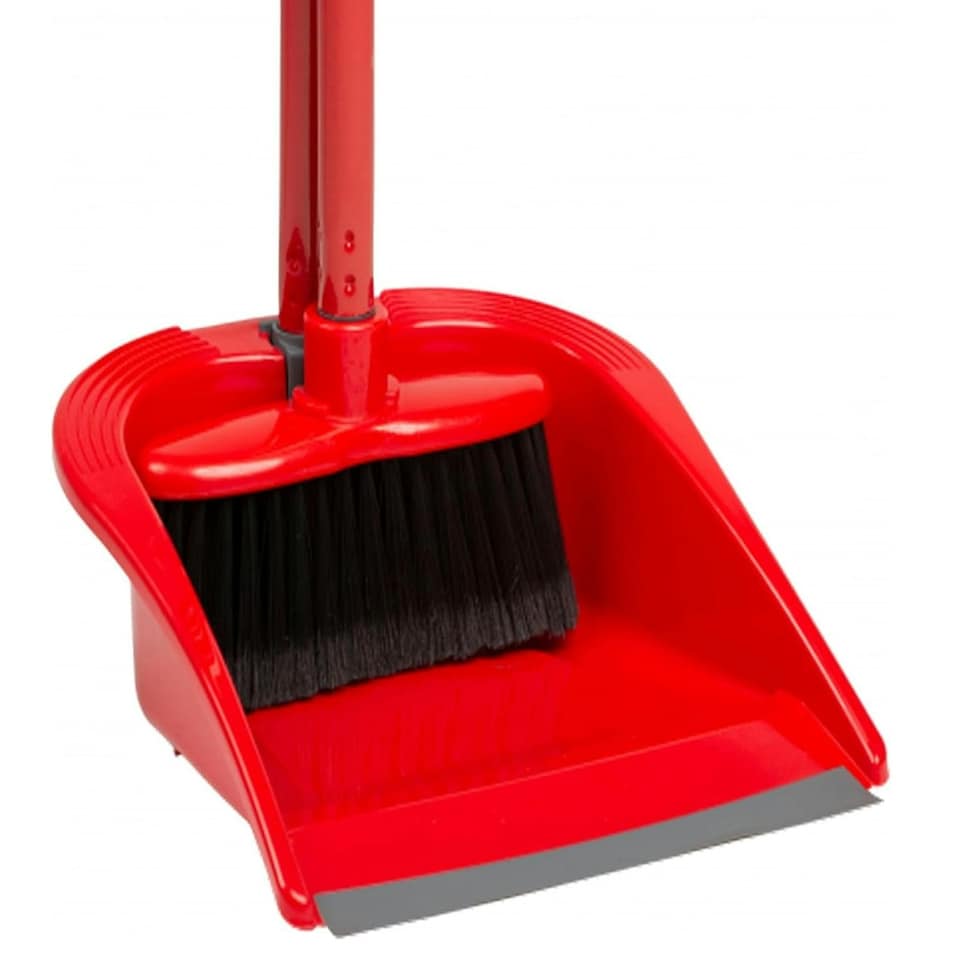 image 1 of 2 x Red Long Handled Tall Household Dustpan & Brush Set Ideal For Sweeping Up Dirt Red