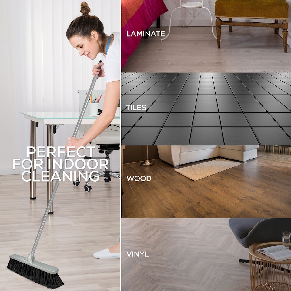 image 1 of Stiff Bristle Indoor Broom Silver Sweeping Brush for Tiles, Wood & Carpet Metal Handle Kitchen Floor Sweeper
