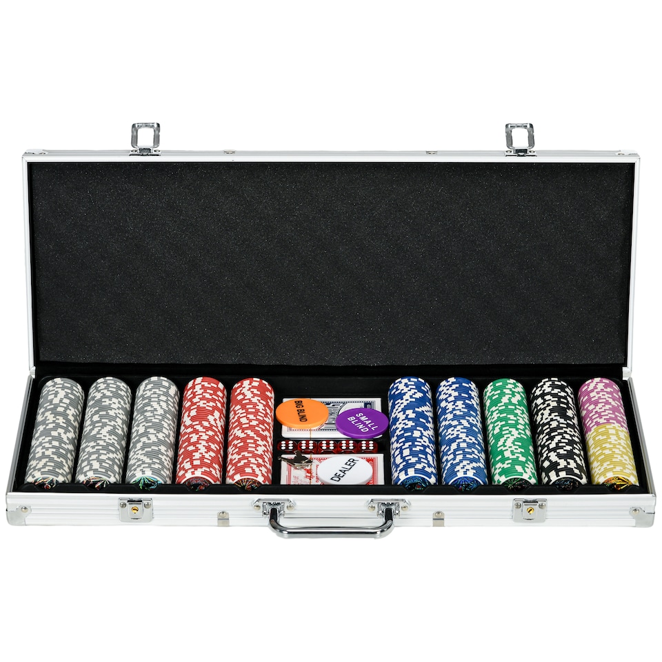 image 1 of SPORTNOW 500-Piece Poker Chips Set with Aluminium Case, Holdem Poker Set with Mat, 11.5g Numbered Poker Chips, Two Decks of Cards, Dealer, Five Dices