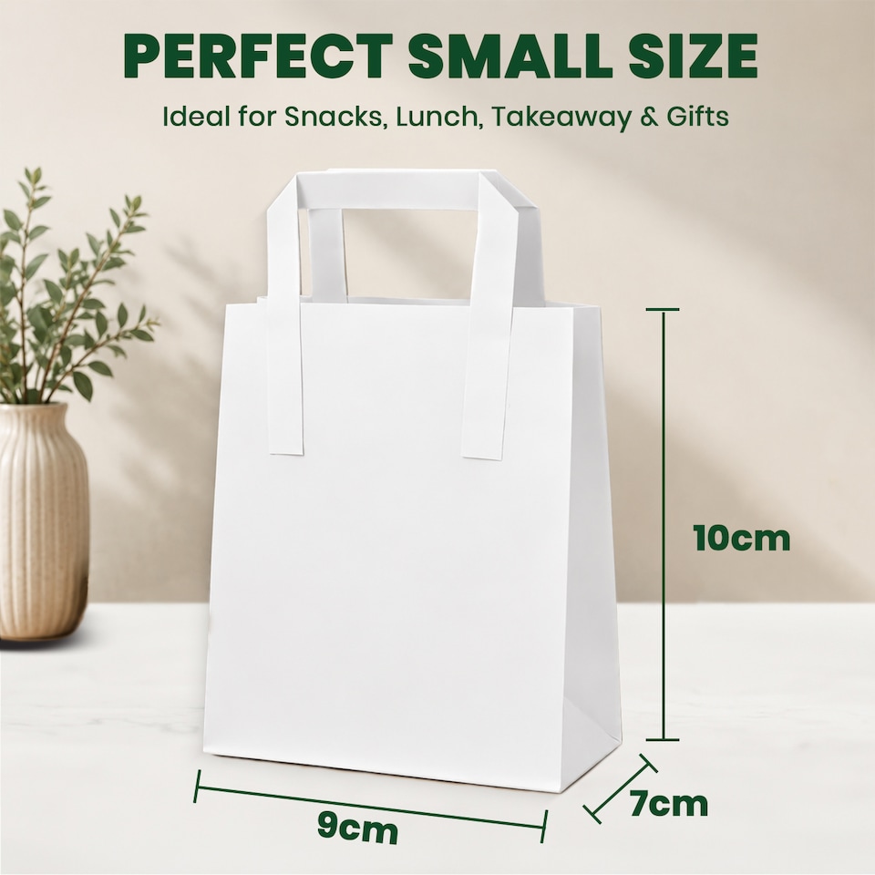 image 1 of ECONX Small White Kraft Paper Bags With Handles SOS Takeaway Grocery Party Carrier Bags x 50pc