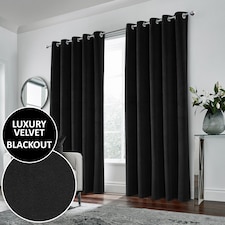 Luxury Enhanced Living Black Velvet, Supersoft, 100% Blackout, Thermal Pair of Curtains with Eyelet Top - 90x108 inch (229x274cm)