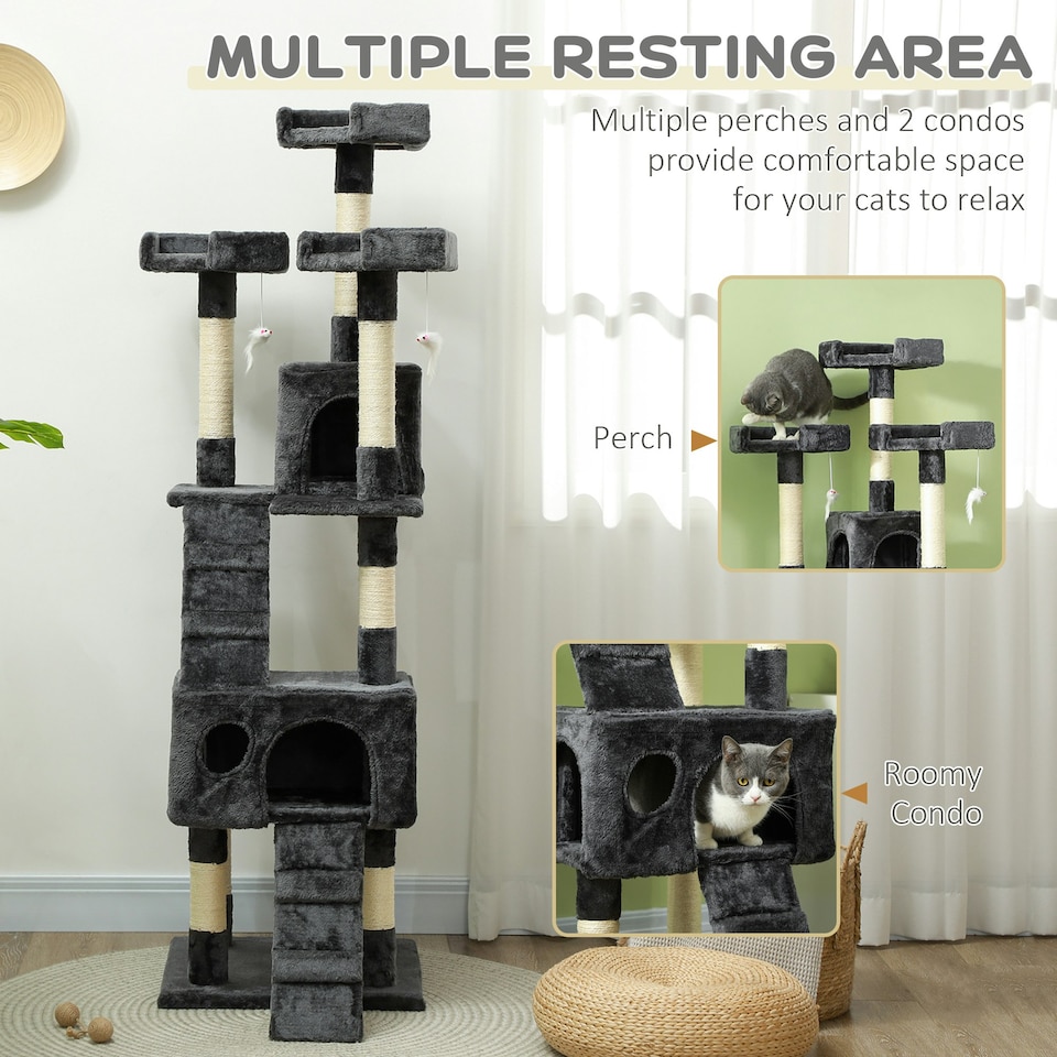image 1 of PawHut 173cm Cat Tower Scratching Post Activity Centre for Indoor Grey