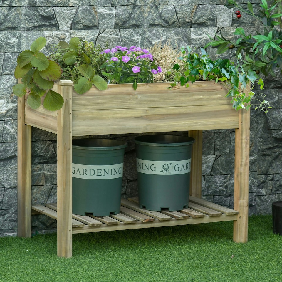 image 1 of Outsunny Raised Garden Bed with Legs and Storage Shelf Elevated Wood