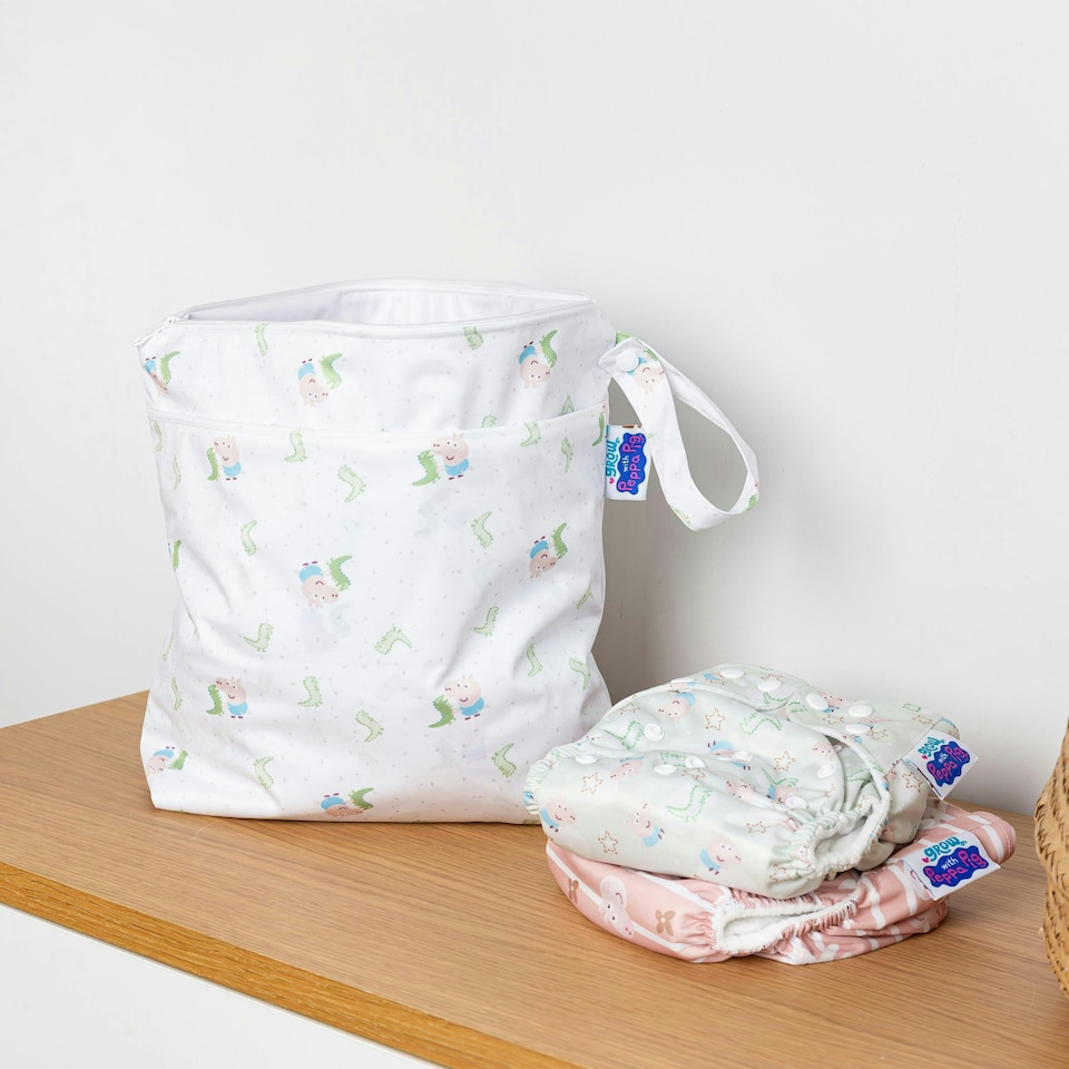 image 1 of Peppa Pig Grab & Go Nappy Wet Bag - George & Mr.Dinosaur | White