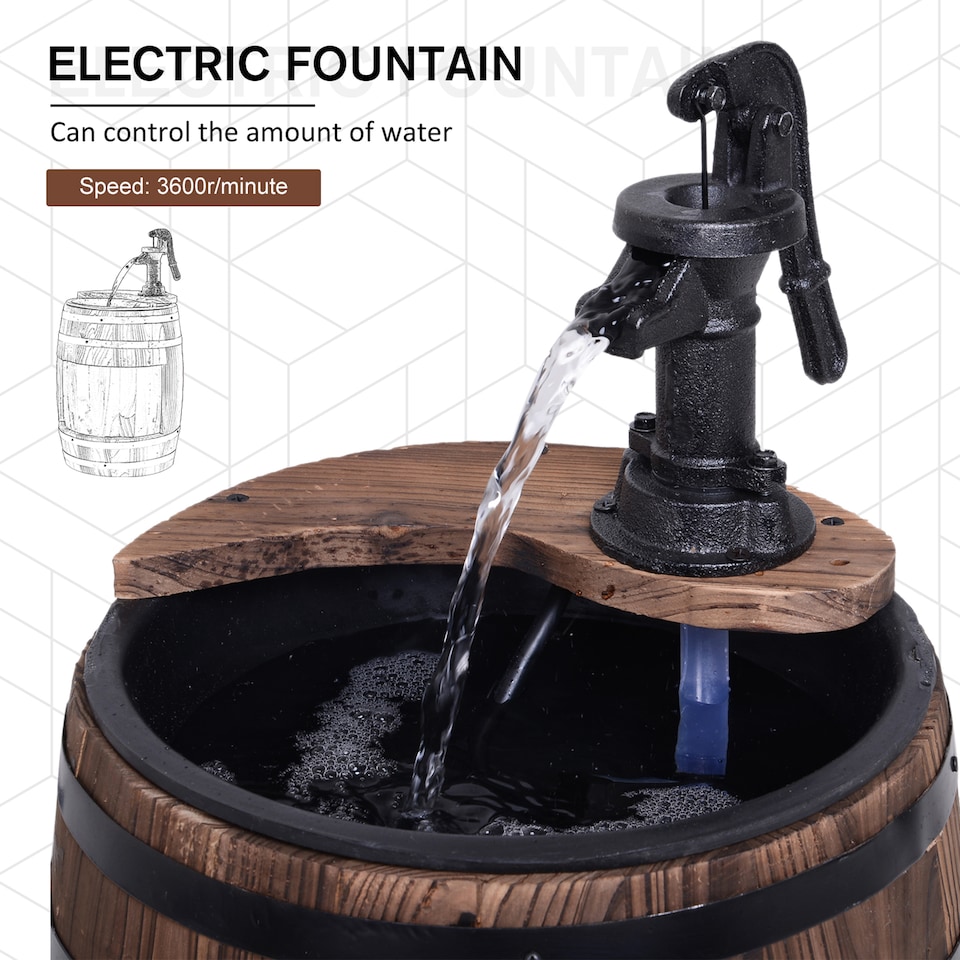 image 1 of Outsunny Wood Barrel Pump Garden Fountain Water Feature Flower Planter Stand New