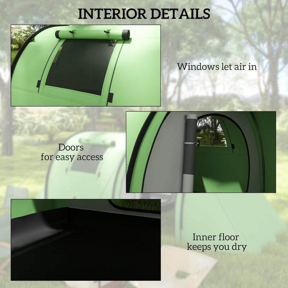 image 1 of Outsunny 2 Room Camping Family Tent for 3-4 Man, 3000mm Waterproof, Green