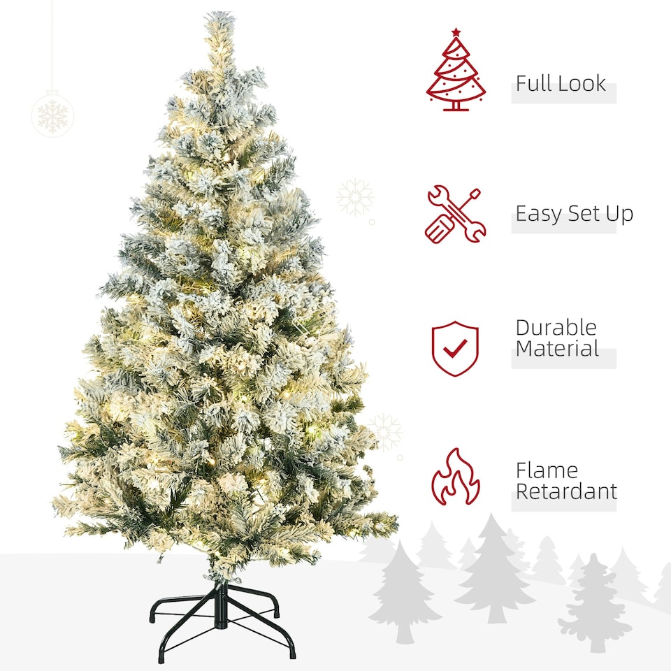 image 1 of HOMCOM 4.5ft Artificial Flocked Christmas Tree with LED Lights, Snow Branches