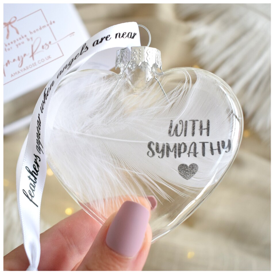 image 1 of WITH SYMPATHY In Memory of Feather Heart Bauble Gift Boxed