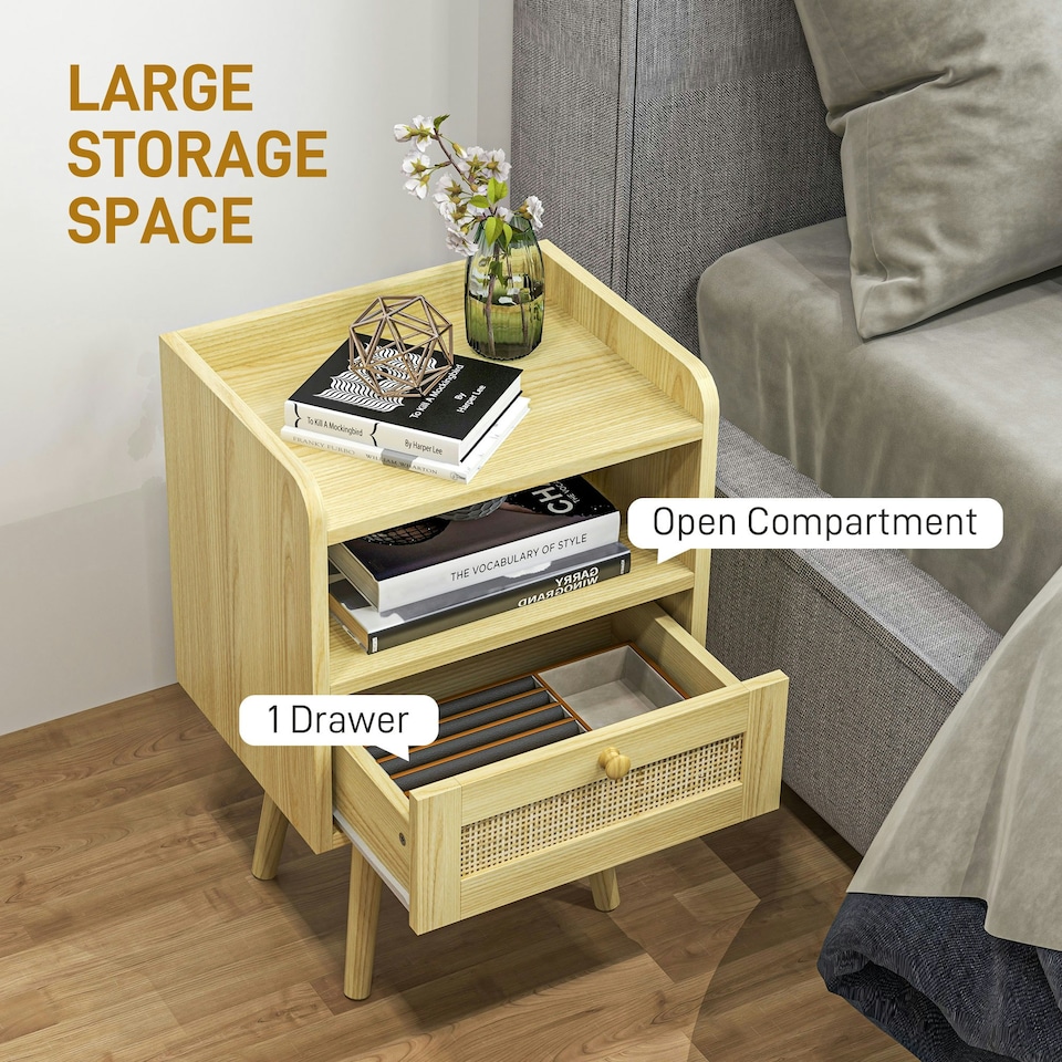 image 1 of Bedside Tables, Set of 2, Boho Side End Table w/ Drawer, Storage Compartment