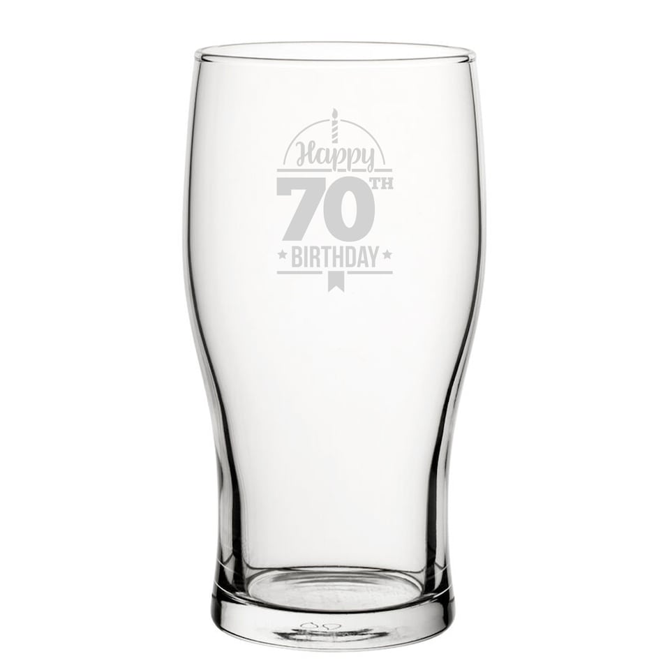 image 1 of Personalised Happy 70th Birthday Engraved Novelty Tulip Pint Glass