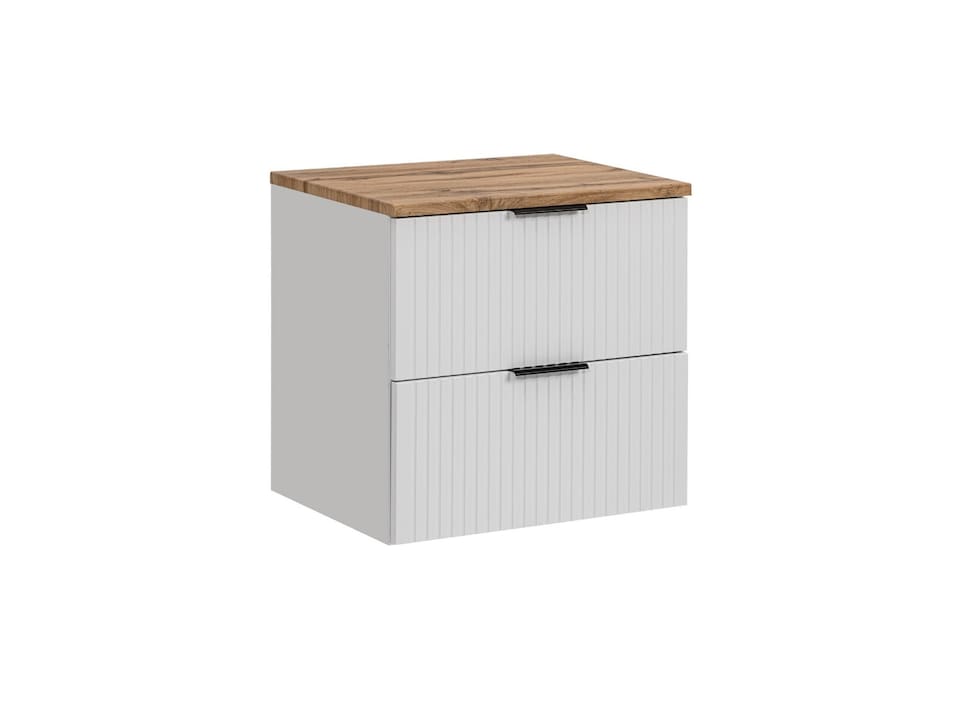 image 1 of Wall Hung White Bathroom Vanity Unit 600mm Oak Countertop Worktop Cabinet with Drawers Ribbed Fluted Adel