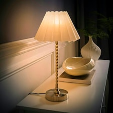 ValueLights Maeve White Scallop Pleated Taper Shade Brushed Chrome Bobbin Bobbles Table Lamp Silver