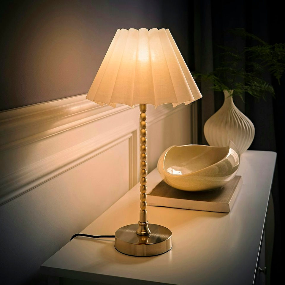 image 1 of ValueLights Maeve White Scallop Pleated Taper Shade Brushed Chrome Bobbin Bobbles Table Lamp Silver