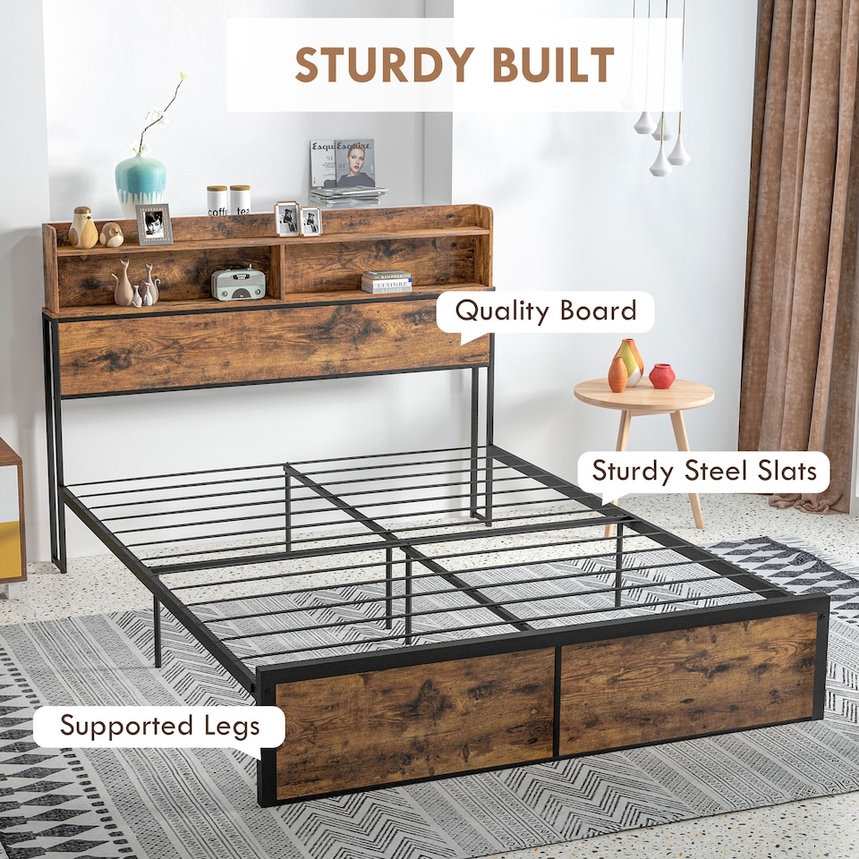 image 1 of HOMCOM Industrial King Bed Frame, 5.2FT Steel Bed Base with Storage Headboard, Footboard, Slatted Support and Under Bed Storage, 158 x 222cm, Rustic Brown