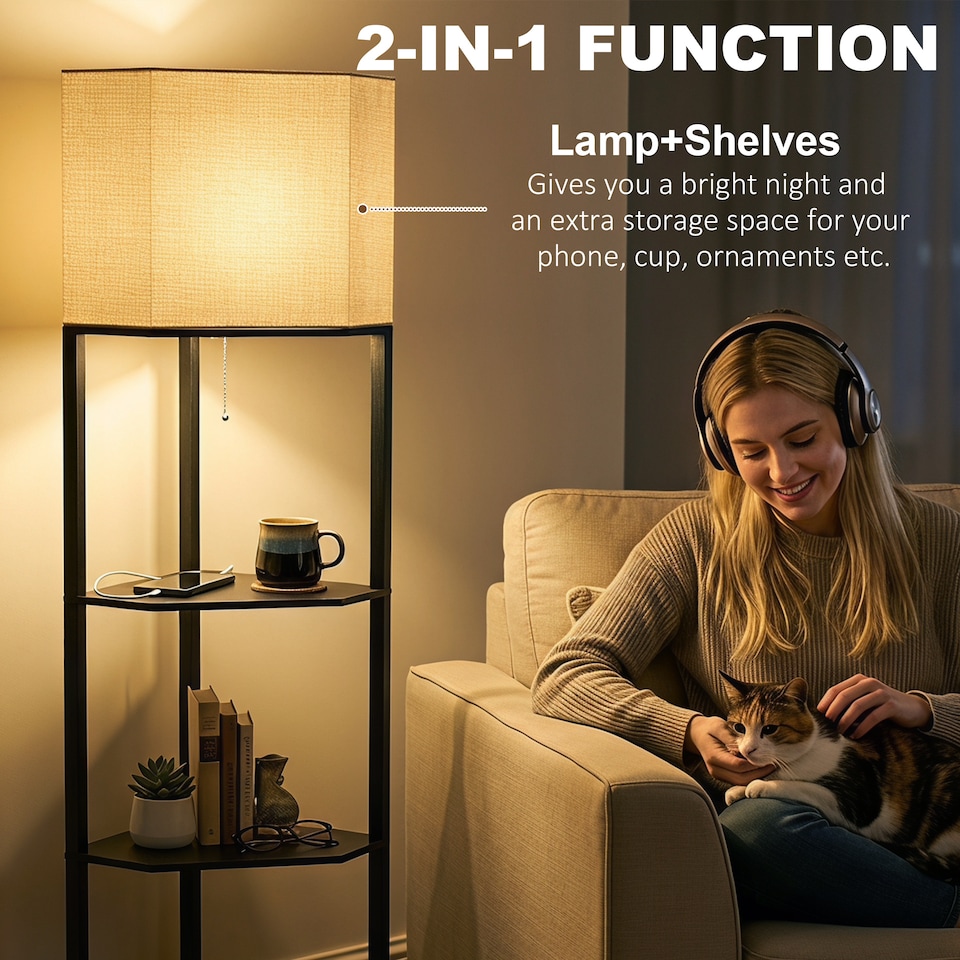 image 1 of HOMCOM Corner Modern Floor Lamp with Shelves for Living Room, Bedroom, Black