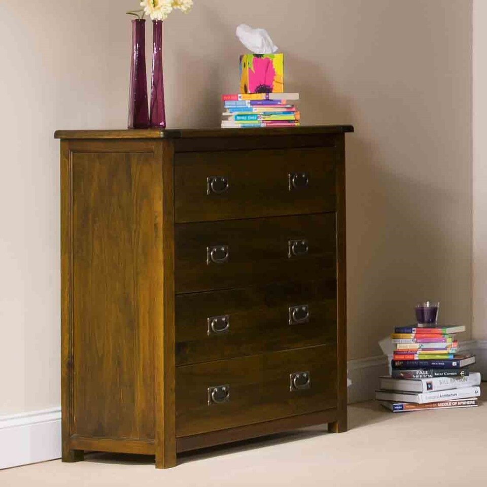 image 1 of Boston 4 Drawer Chest - Rich Dark Brown Lacquer Solid Wood Bedroom Storage with Brass Handles | Brown | Brown | 1