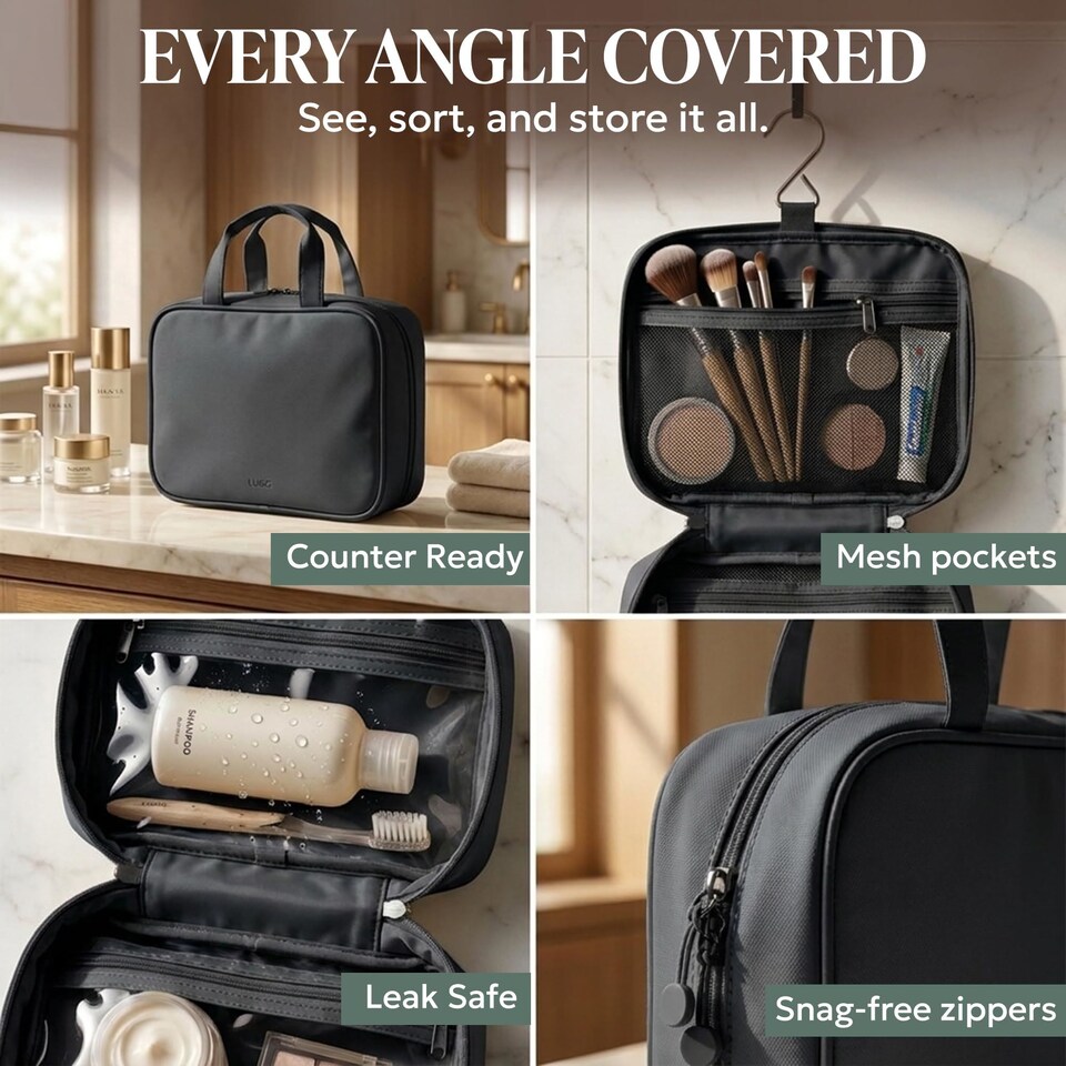 image 1 of Lugg Hanging Toiletry Bag Waterproof Travel Organiser with 360 Swivel Hook