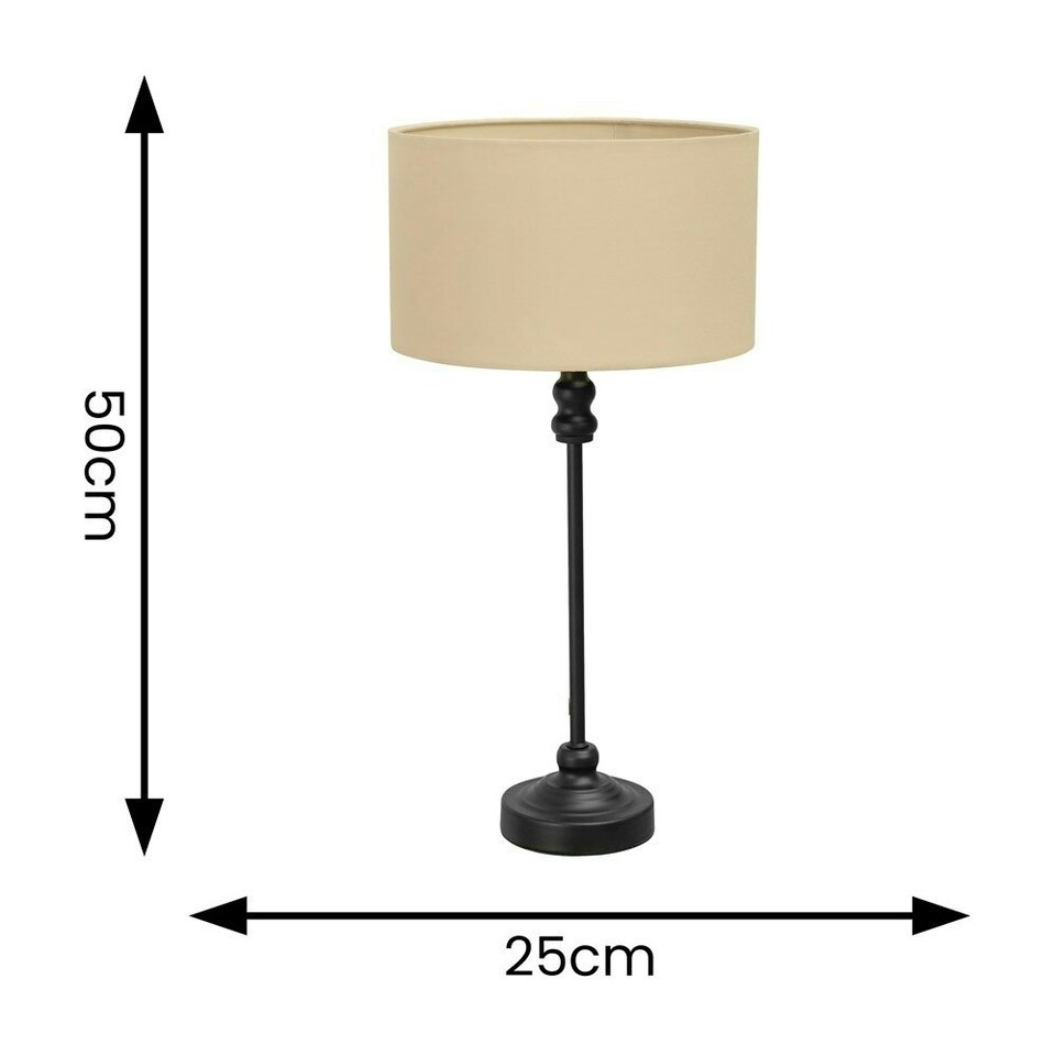 image 1 of ValueLights Maggie Black Metal Candlestick Slim Table Lamp with Natural Fabric Drum Lamp Shade