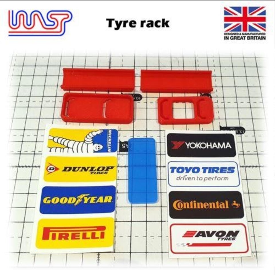 image 1 of Slot Car Scenery Track Side Tyre Wheel Rack White with Logos 1:32 WASP