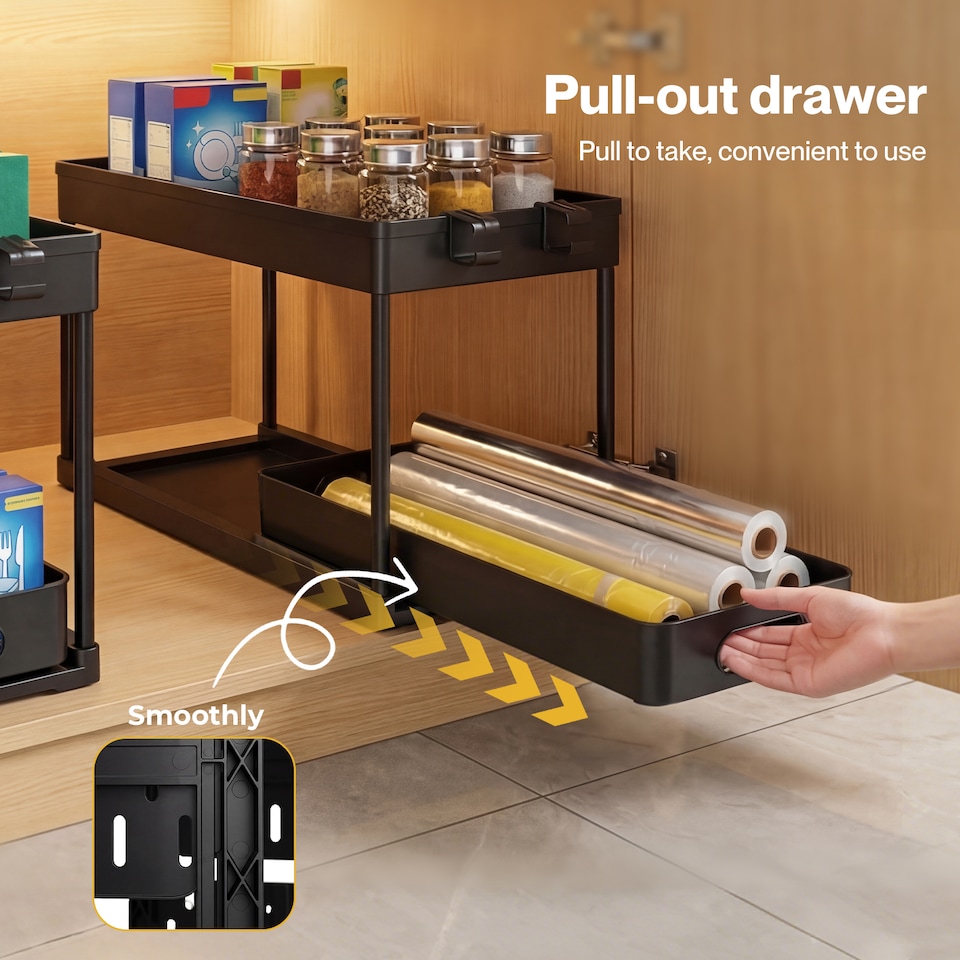 image 1 of Toque Under Sink Storage Kitchen Sliding Drawer Pull Out Organiser 2 Pack Black