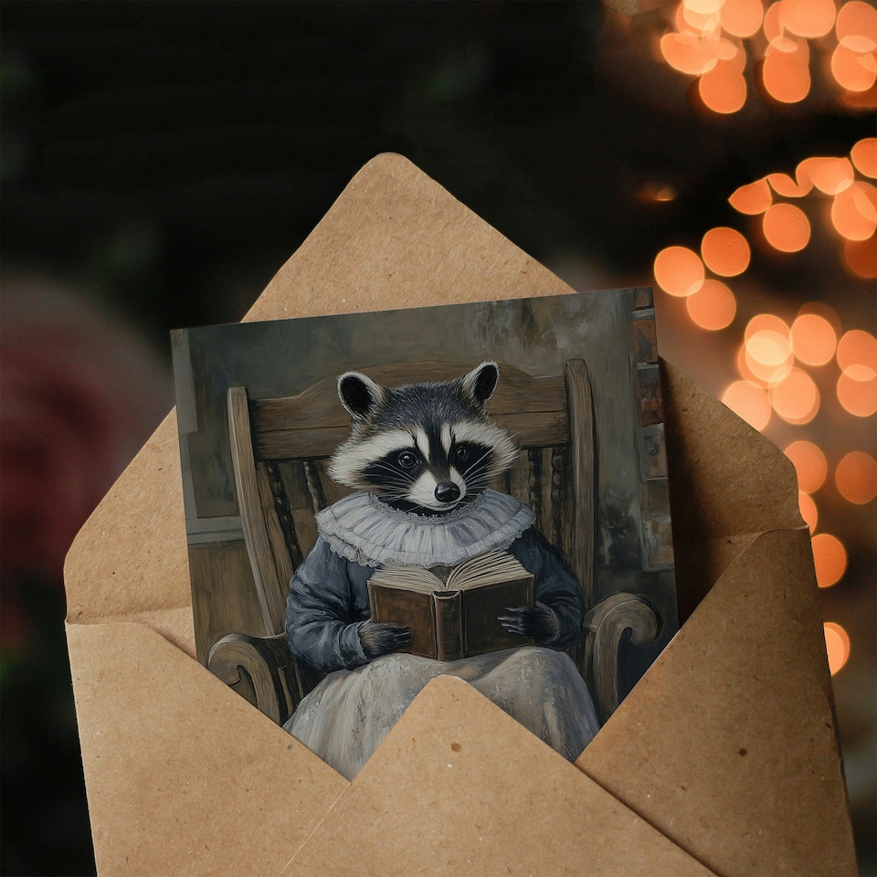 image 1 of Raccoon Reading Bedtime Story on Rocking Chair Birthday Greeting Card