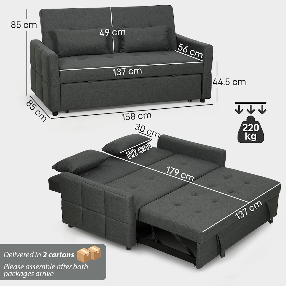 image 1 of HOMCOM 2 Seater Sofa Bed, Convertible Pull Out Bed Settee, Charcoal Grey