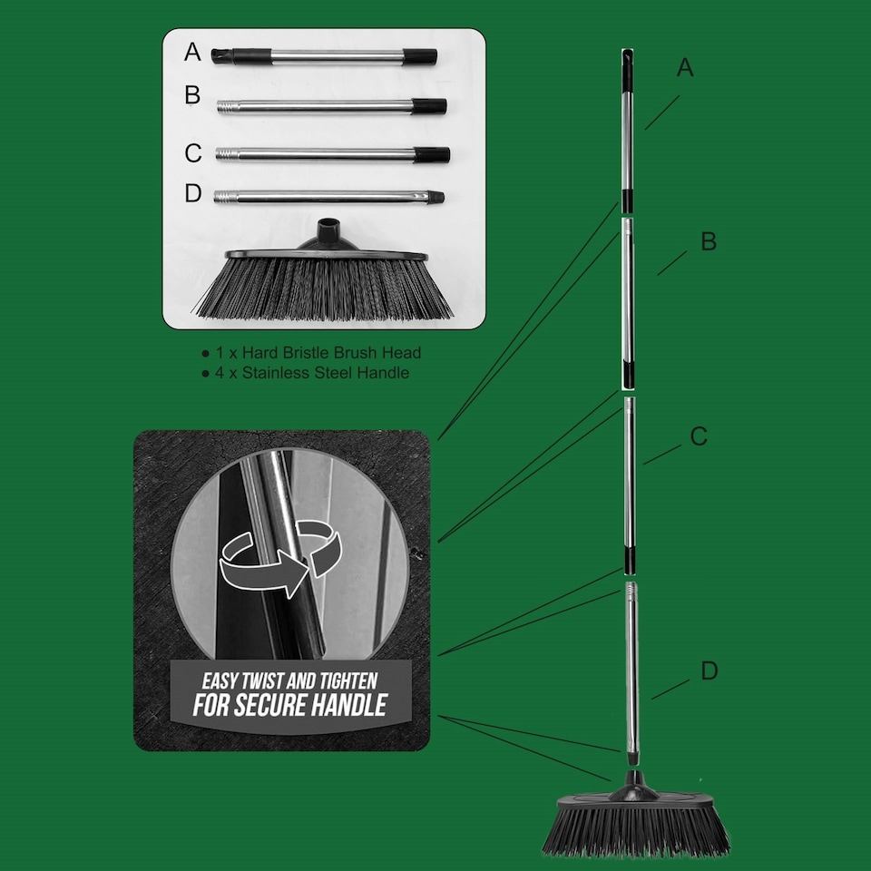 image 1 of Heavy Duty Stainless Steel Broom with Handle Outdoor Garden Hard Bristle Brush