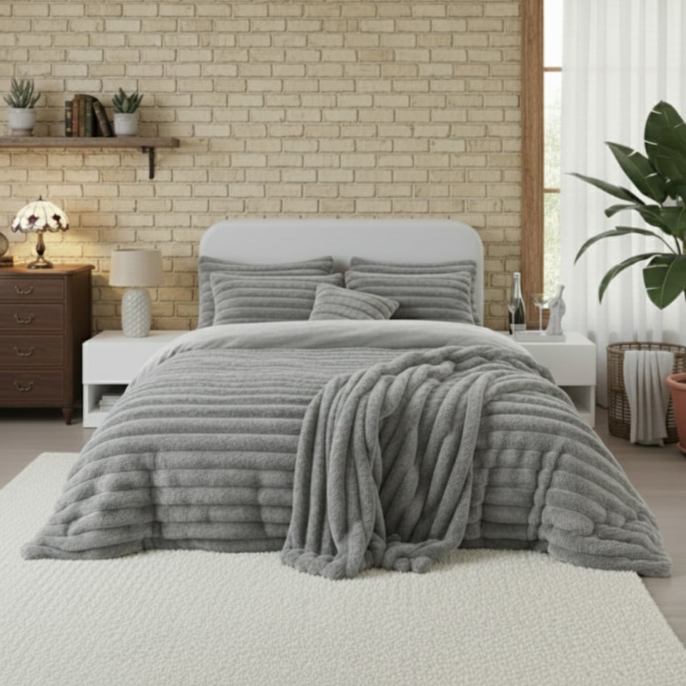 image 1 of Luxury Teddy Cord Design Bedding Set Ultra Soft Cozy Stylish Comfort | Silver | Super King