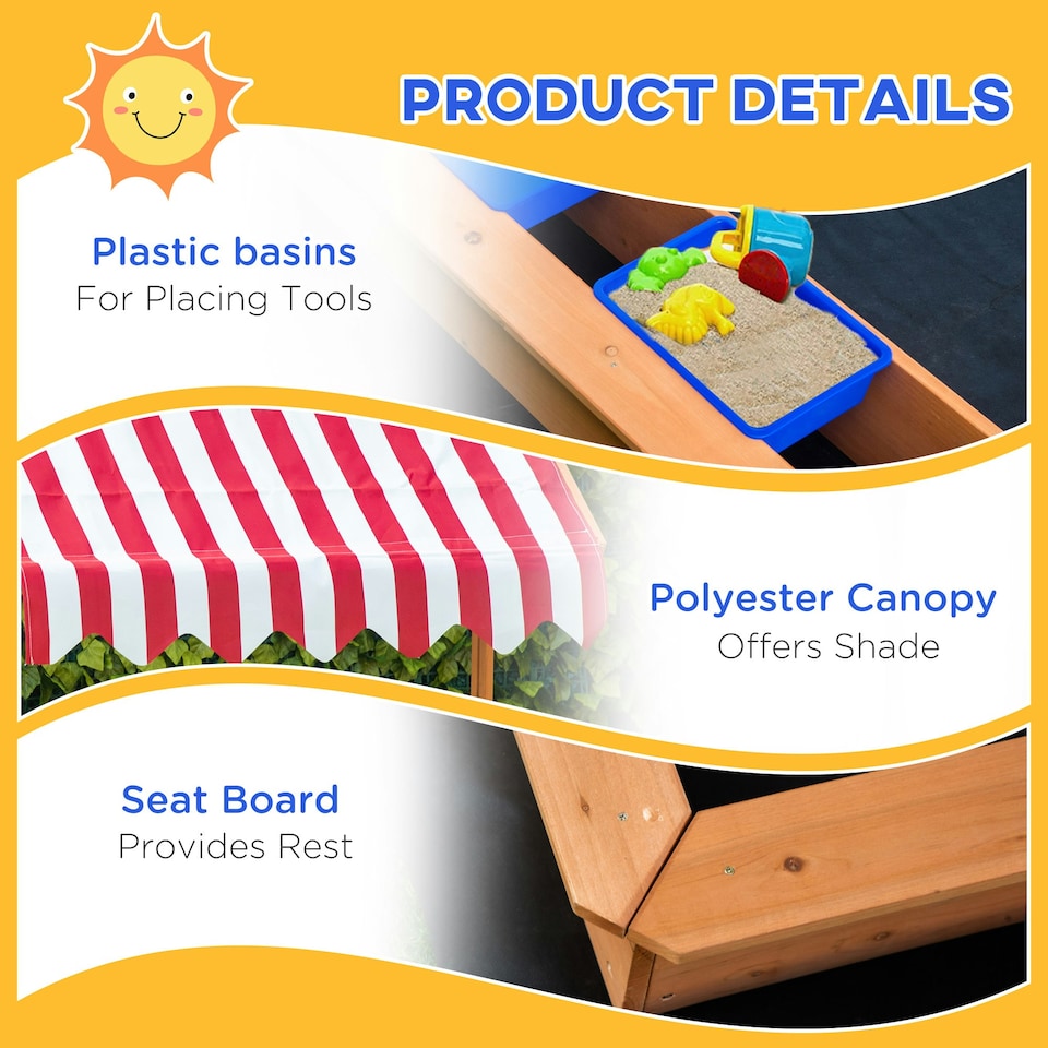 image 1 of Outsunny Kids Wooden Sandbox Sand Pit Height Adjustable with Canopy Basins